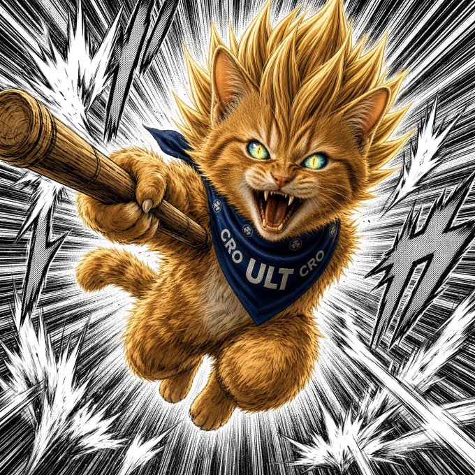 An anime-style illustration of an orange tabby cat with spiky golden hair, wielding a wooden club and wearing a blue bandana that reads 'CRO ULT'.