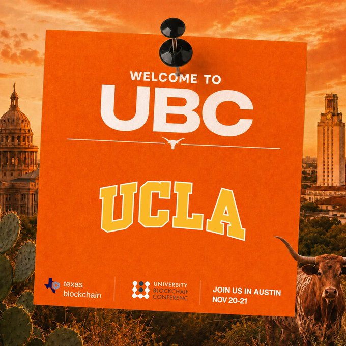 A promotional poster for the University Blockchain Conference in Austin featuring "Welcome to UBC" and "UCLA" text with Texas landmarks, a longhorn, and a cactus.