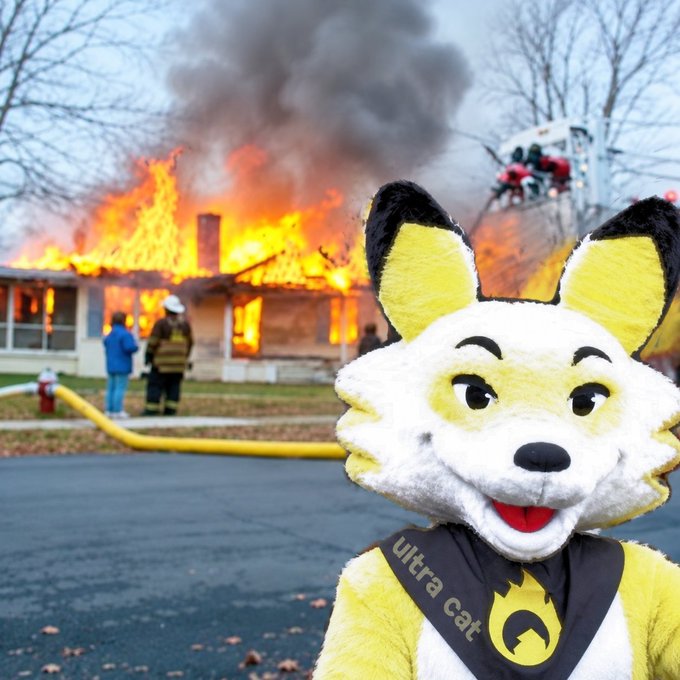 A smiling white and yellow "ultra cat" mascot poses in the foreground wearing a flame-emblazoned bandana, while a house burns dramatically behind him, complete with firefighters and a fire truck battling the blaze—visually echoing the "ember on ember" caption and the Solana contract address posted alongside.