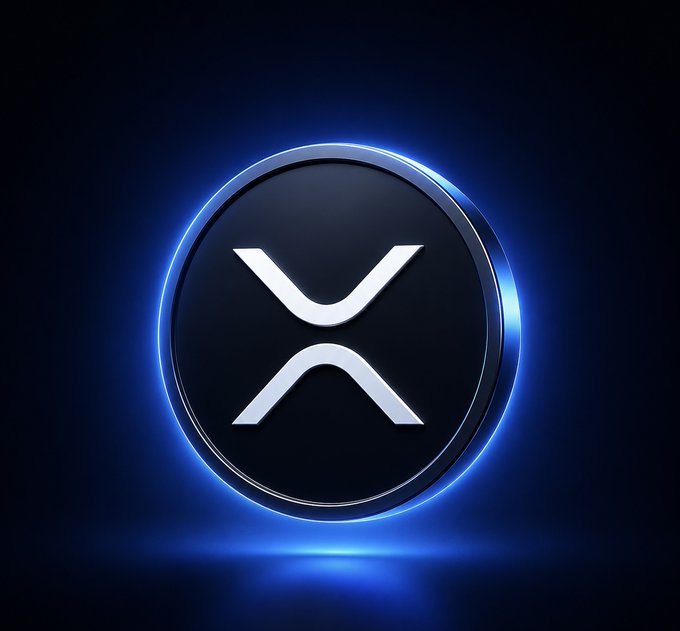 A circular black emblem featuring the white XRP logo (a stylized "X" with a checkmark) is illuminated by a glowing blue ring against a dark background, symbolizing the activation of the XRPL Lending Protocol amendment now open for validator voting.
