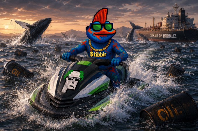 The image features a jolly frog wearing sunglasses, riding a jet ski through choppy waters with oil barrels floating around them. The caption reads "You know what time it is $tibbir", which seems to be a reference to the current time or an event happening at that moment.

The background of the image shows a beautiful sunset over the ocean and various ships, including a large ship labeled "Strait of Horomorphz". The pirate character from the image has a chain around his neck, adding a touch of whimsy to the scene.