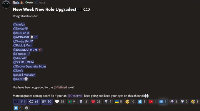 A Discord announcement titled 'New Week New Role Upgrades!' from the 'flash' server, congratulating various users (like @nindya, @Nekad95, @Musilah) on their new roles and indicating the sender was upgraded to @Refined.