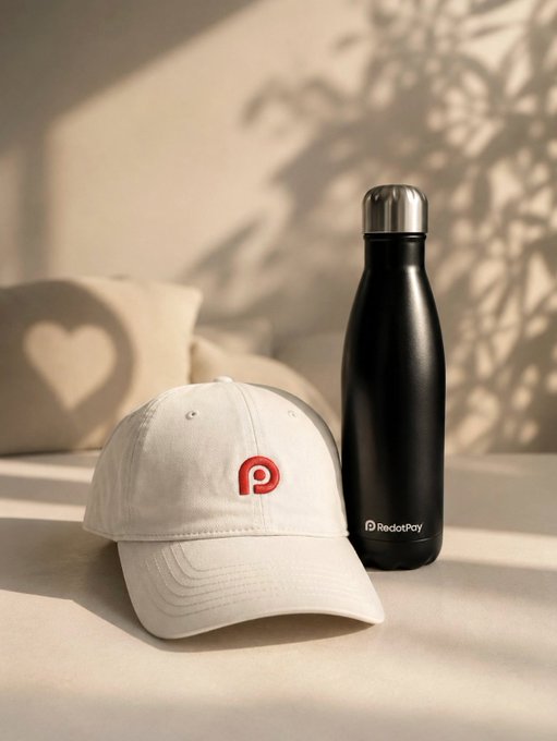 A white baseball cap featuring the red "P" RedotPay logo sits beside a sleek black water bottle branded with "RedotPay," both bathed in warm, dappled sunlight—perfect Sunday swag for the brand.