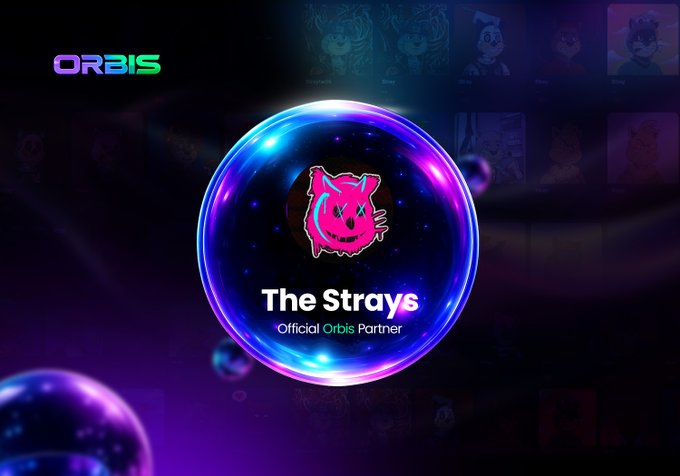 A promotional graphic for 'ORBIS' featuring 'The Strays Official Orbis Partner' with a pink cat-like mascot on a cosmic sphere background.