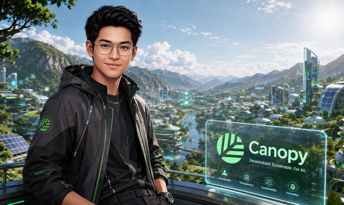 Promotional image showing a young man with glasses standing before a futuristic green eco-city, alongside a "Canopy" logo with the tagline "Decentralized. Sustainable. For All."