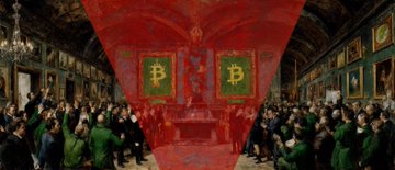 A dimly lit painting depicting a large group of people in green and red attire gathered in a grand hall adorned with banners displaying the Bitcoin "₿" symbol.