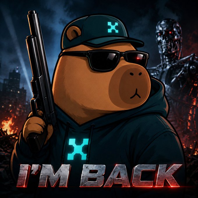 A cartoon bear character wearing sunglasses, a cap, and a hoodie with a teal 'X' logo, holding a shotgun with 'I'M BACK' written in bold red letters below, against a dark post-apocalyptic backdrop.