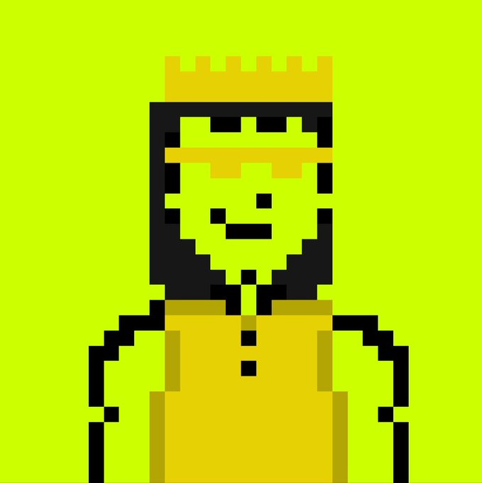 A pixel art illustration of a smiling character wearing a yellow crown and dress against a bright green background.