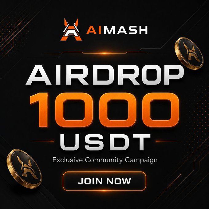 A promotional graphic for the AiMASH airdrop features bold white and orange text on a black background announcing "AIRDROP 1000 USDT" as part of an "Exclusive Community Campaign," accompanied by two golden AiMASH-branded coins. A "JOIN NOW" call-to-action button sits at the bottom, directly corresponding to the post's offer of a guaranteed 1,000 USDT reward pool distributed to 400 random winners and the top 20 participants.