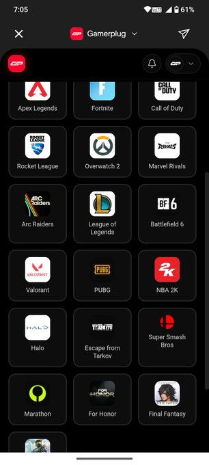 A mobile screenshot of the Gameplug app interface displaying a grid of game logos including Apex Legends, Fortnite, Rocket League, Overwatch 2, and Valorant.