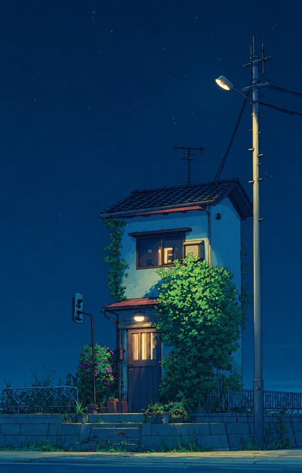 An anime-style illustration of a small two-story house with a tiled roof, lit windows, climbing vines, and a tall street lamp, set against a starry deep blue night sky.
