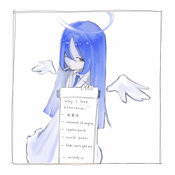The image features a blue-haired anime character holding a piece of paper with Chinese text, which reads "Why I love ethereum." This suggests that the anime character might be promoting or discussing the benefits of using ethereum as a cryptocurrency. The character's unique appearance and the use of an anime style for the post make it stand out in the image.
