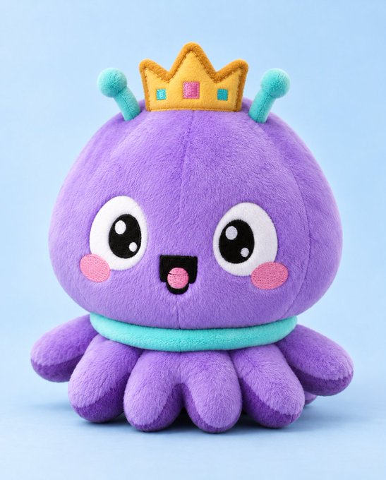 A purple plush octopus character wearing a golden crown with teal antennae sits against a light blue background, conveying a whimsical, "queen of the sea" vibe. The cute, toy-like figure perfectly complements the post's sentiment of eagerly anticipating this character's development.