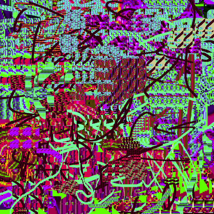An abstract digital artwork with chaotic neon green, magenta, and black scribbled lines and patterns.