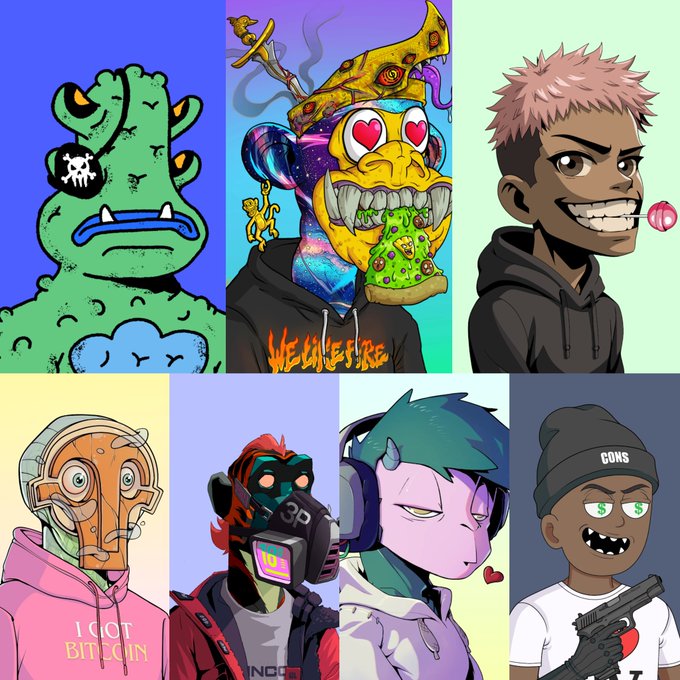 A grid of eight cartoon-style illustrations featuring various characters including a green monster, a figure eating pizza, a boy with a bubble gum bubble, a character in a helmet with text 'I GOT BITCOIN', a masked figure with 'NO GOD', a teal-haired character, and a boy in a 'CONS' beanie holding a gun.