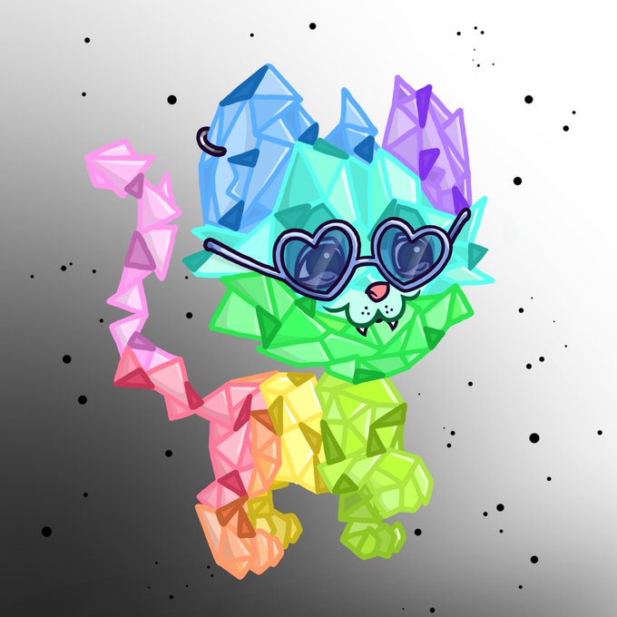 A colorful digital illustration of a cat character composed of geometric crystal-like shapes in rainbow colors, wearing oversized heart-shaped purple sunglasses.