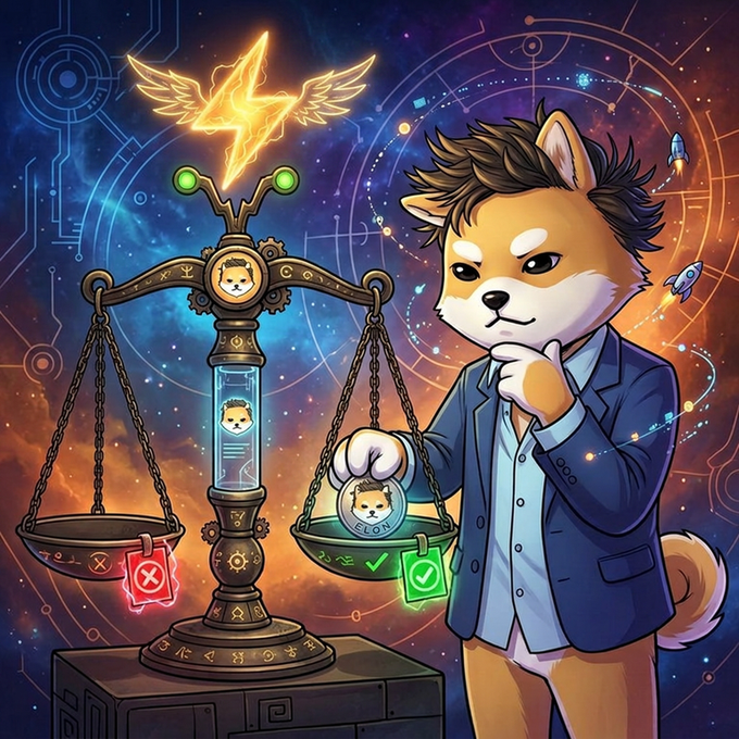 A digital illustration of a Shiba Inu dog dressed in a blue suit and vest, standing thoughtfully next to an ornate steampunk-style scale weighing coins marked with the dog's face, with one pan showing a green checkmark and the other a red 'X'.