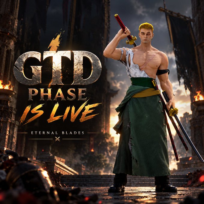 Promotional artwork for the game "Eternal Blades" announcing that "GTD PHASE 2 IS LIVE," featuring a muscular blonde warrior holding multiple swords.