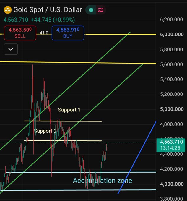 A gold (XAU/USD) candlestick chart showing the spot price at 4,563.710, up +0.99% (+44.745), with marked support levels around 4,800-4,820 and 4,550, and an accumulation zone near 4,000-4,200, illustrating the bullish breakout the post celebrates from the 3,800+ range to the 4,500+ target.