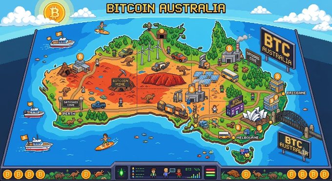 A pixel-art style map of Australia themed 'BITCOIN AUSTRALIA', featuring landmarks like the Sydney Opera House, mining sites, and BTC signage across the continent.