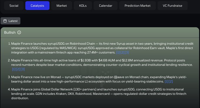 Crypto news dashboard under the 'Catalysts' tab showing bullish news about Maple Finance launching syrupUSDC on Robinhood Chain and reaching $1.93B in active loans.