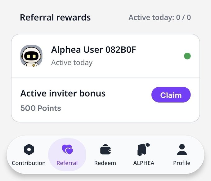 A screenshot of the ALPHEA referral rewards page showing "Active inviter bonus" of 500 Points available to claim, featuring user "Alphea User 082B0F" marked as "Active today," directly corresponding to the tutorial's instructions to use referral code OH4L98XYAU to earn the bonus points.