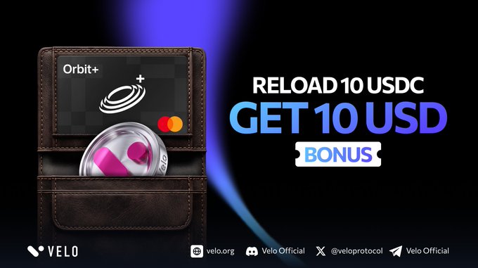 Velo promotional banner offering a bonus: 'RELOAD 10 USDC GET 10 USD BONUS' with an Orbit+ Mastercard card and a USDC coin displayed in a brown leather wallet.
