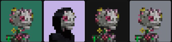 Four variations of a pixel art character with a skull-like face and flowers on different colored backgrounds.