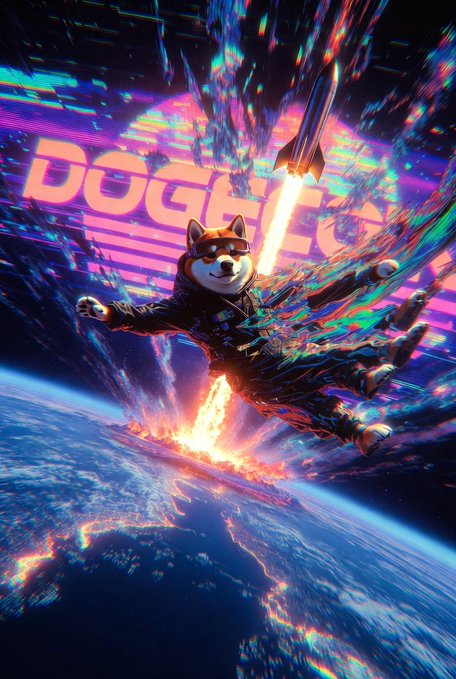 A hyper-realistic, glitchy digital illustration of a Shiba Inu dog in a flight suit soaring above Earth with a rocket, with the word "DOGECOIN" rendered in retro pink text in the background.