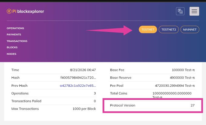 A screenshot of the Pi block explorer showing Testnet 1 highlighted with an arrow, displaying Protocol Version 27 in a pink box at the bottom, confirming that Testnet 1 is officially running on Protocol v27.
