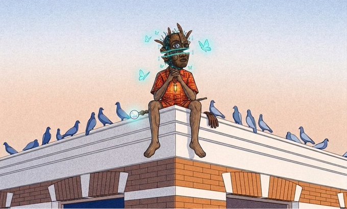 Digital illustration of a boy in an orange shirt wearing a VR/headset sitting on a rooftop edge surrounded by pigeons and glowing blue butterflies.
