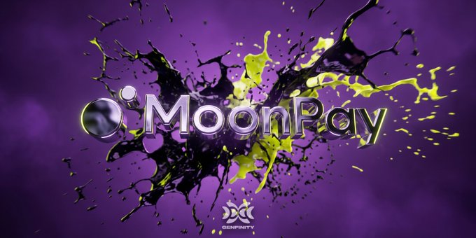 MoonPay logo rendered in sleek chrome lettering against a dynamic purple backdrop with explosive black and neon yellow paint splatters, with the GENFINITY logo visible at the bottom. The vibrant, high-energy design reflects MoonPay's bold move into live event crypto payments at the X Games League and World Series of Poker, where athletes are being paid in stablecoin.