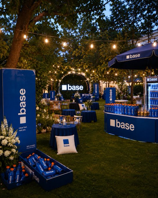 An outdoor evening event space branded "base" featuring blue umbrellas, signage with the tagline "clean fuel, all gas," string lights overhead, and a display of branded bottles and merchandise in blue packaging.