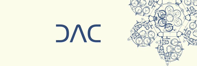 A minimalist banner with a cream background features 'DAC' text in the center and an intricate blue technical drawing of a mechanical device on the right side.
