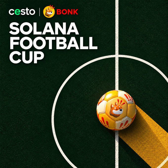 A promotional football graphic for the “SOLANA FOOTBALL CUP,” with “cesto | BONK” logos at the top and a BONK-branded ball on a green pitch.