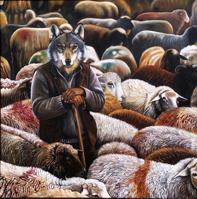 A surreal painting depicting an anthropomorphic wolf wearing a vest and sweater, holding a staff while standing amidst a dense flock of sheep.