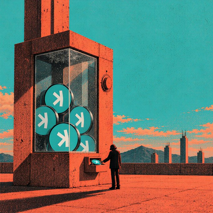 A lone figure stands before an orange kiosk displaying teal "K" tokens, operating it in a stylized landscape. The image visually echoes the concept of on-chain spending rules and covenants by showing a person interacting with a Kaspa-based machine that holds and distributes funds according to programmed constraints.