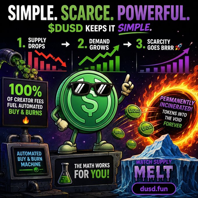 A promotional graphic for '$DUSD' token featuring a cartoon dollar coin with sunglasses, highlighting 'SIMPLE. SCARCE. POWERFUL.' with charts showing supply drops and demand growing, and text reading '100% OF CREATOR FEES FUEL AUTOMATED BUY & BURNS' and 'PERMANENTLY INCINERATED! TOKENS INTO THE VOID FOREVER'.