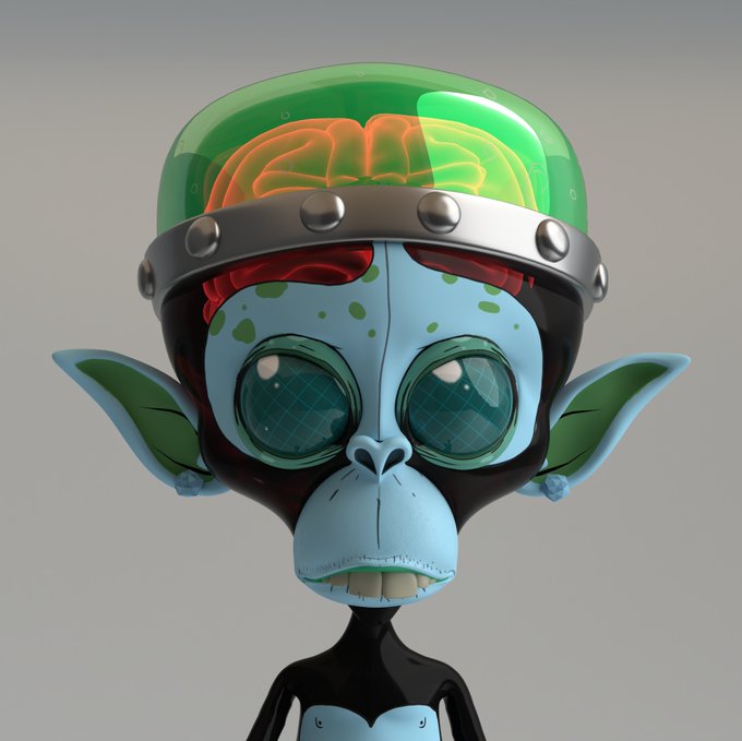 A 3D rendered character featuring a blue monkey-like face, large eyes, pointed ears, and a transparent green dome on its head revealing a brain.