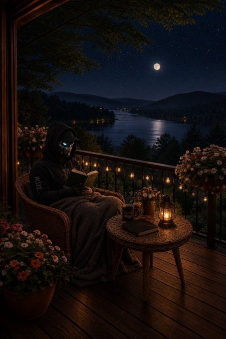 A digital artwork depicting a hooded figure with a glowing mask reading a book on a wooden balcony at night, accompanied by a lantern and coffee mug, overlooking a moonlit lake with string lights and flowers.