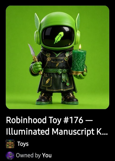 A digital collectible display showing 'Robinhood Toy #176 — Illuminated Manuscript K...' as a green-helmeted figurine holding a knife and green candle, listed under Toys and 'Owned by You'.