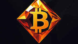 A stylized digital illustration of the orange Bitcoin 'B' logo enclosed within a glowing diamond-shaped crystal.
