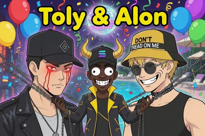 This illustration depicts "Toly & Alon" with a central figure wearing a hat with the Solana logo and bull horns, suggesting a connection to the cryptocurrency market. The image's depiction of characters being chained and the text "DON'T TREAD ON ME" may allude to the struggles and debates surrounding celebrity influence in crypto, as mentioned in the accompanying post.