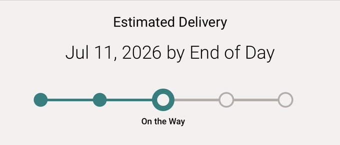 An estimated delivery tracker shows a package "On the Way" with an expected arrival of Jul 11, 2026 by End of Day, likely referring to a Beeple Everydays pack being shipped.
