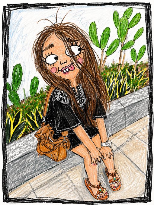 A hand-drawn illustration of a smiling young woman with long brown hair, black clothing, a brown shoulder bag, and sandals, standing beside a planter of tall green plants.