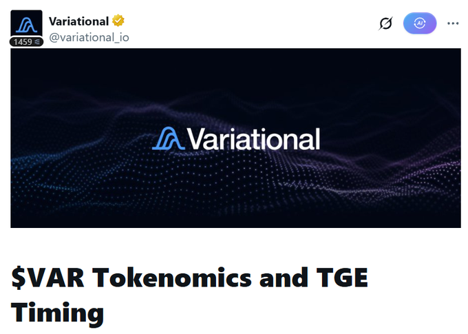 A social media post from @variational_io about '$VAR Tokenomics and TGE Timing' features a dark banner with a wave pattern and the 'Variational' logo.