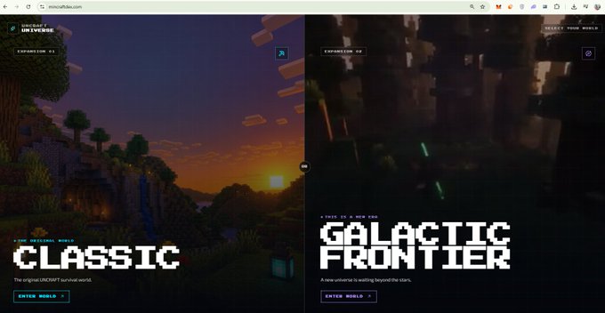 A split-screen promotional image for the Minecraft metaverse site minesofmilan.com, showing "CLASSIC" (a blocky sunset landscape) on the left and "GALACTIC FRONTIER" (a dark sci-fi environment) on the right, both with "ENTER WORLD" buttons.