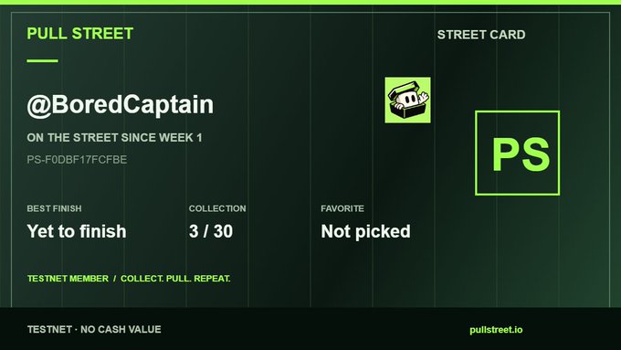 A 'Pull Street' digital card for @BoredCaptain showing 'ON THE STREET SINCE WEEK 1', with collection stats of 3/30 and 'Yet to finish' best finish, branded with PS logo.