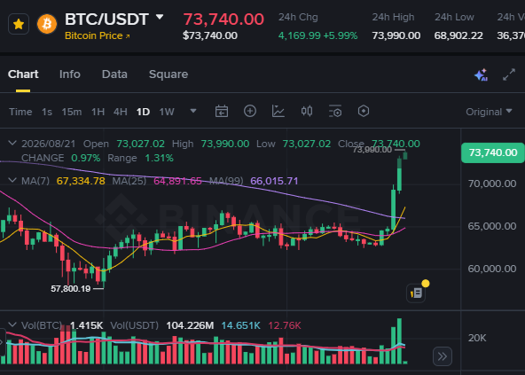 The image displays a Binance BTC/USDT daily candlestick chart showing Bitcoin at $73,740.00, with a 24-hour gain of +$4,169.99 (+5.99%), a daily high of $73,990.00, and a low of $68,902.32, illustrating the breakout above the 73,000 USD level referenced in the Vietnamese caption about renewed buying momentum after consolidation.