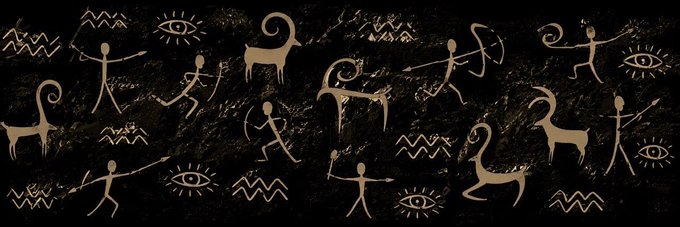 A dark textured background covered with golden cave painting-style illustrations of stick figures, animals like goats and birds, and stylized eyes.